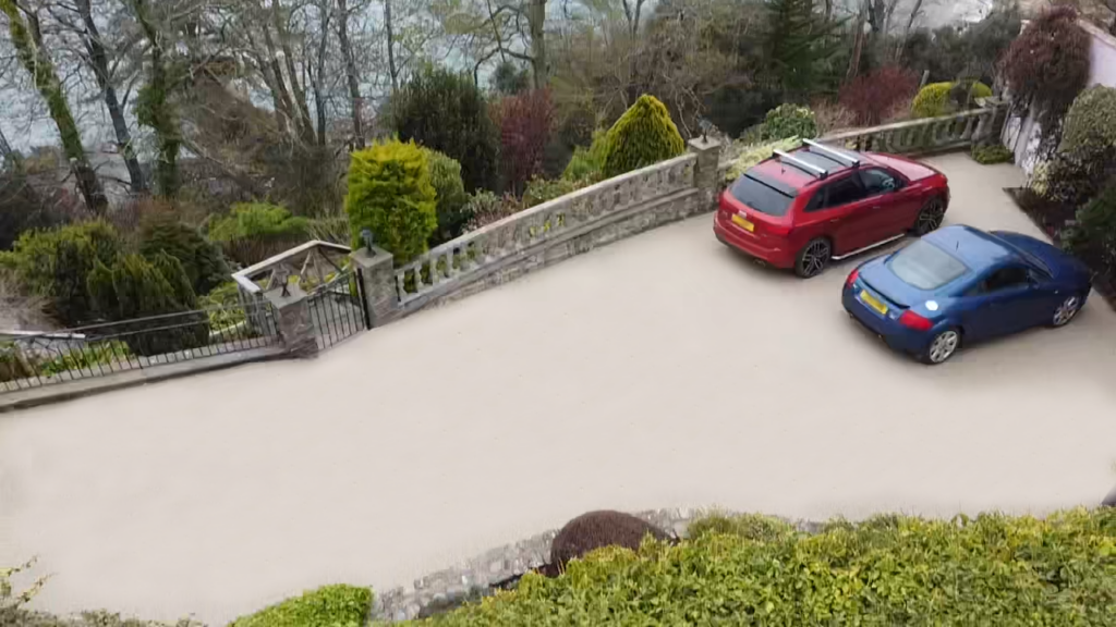large resin driveway project in an aerial shot